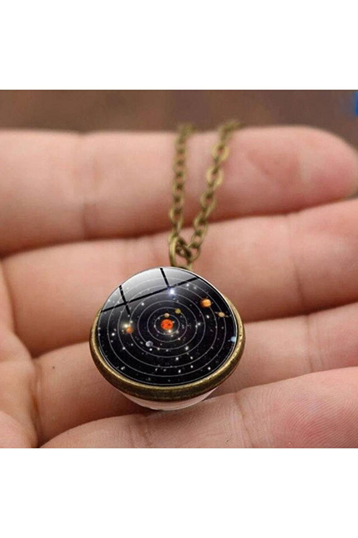 Çift Taraflı Unisex Bay Galaksi Cam Küre Kolye-bronz