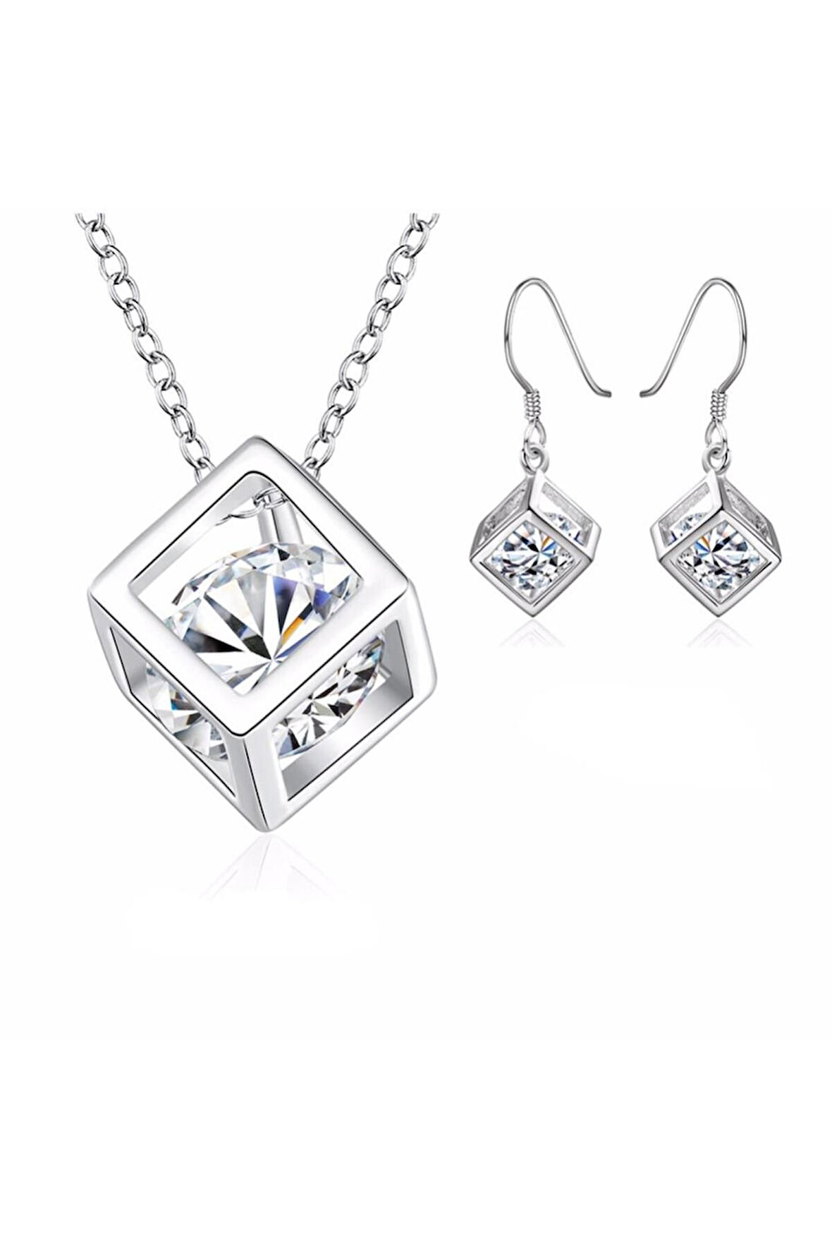 925 Ayar Gümüş Kaplama Küp Kolye Küpe Seti