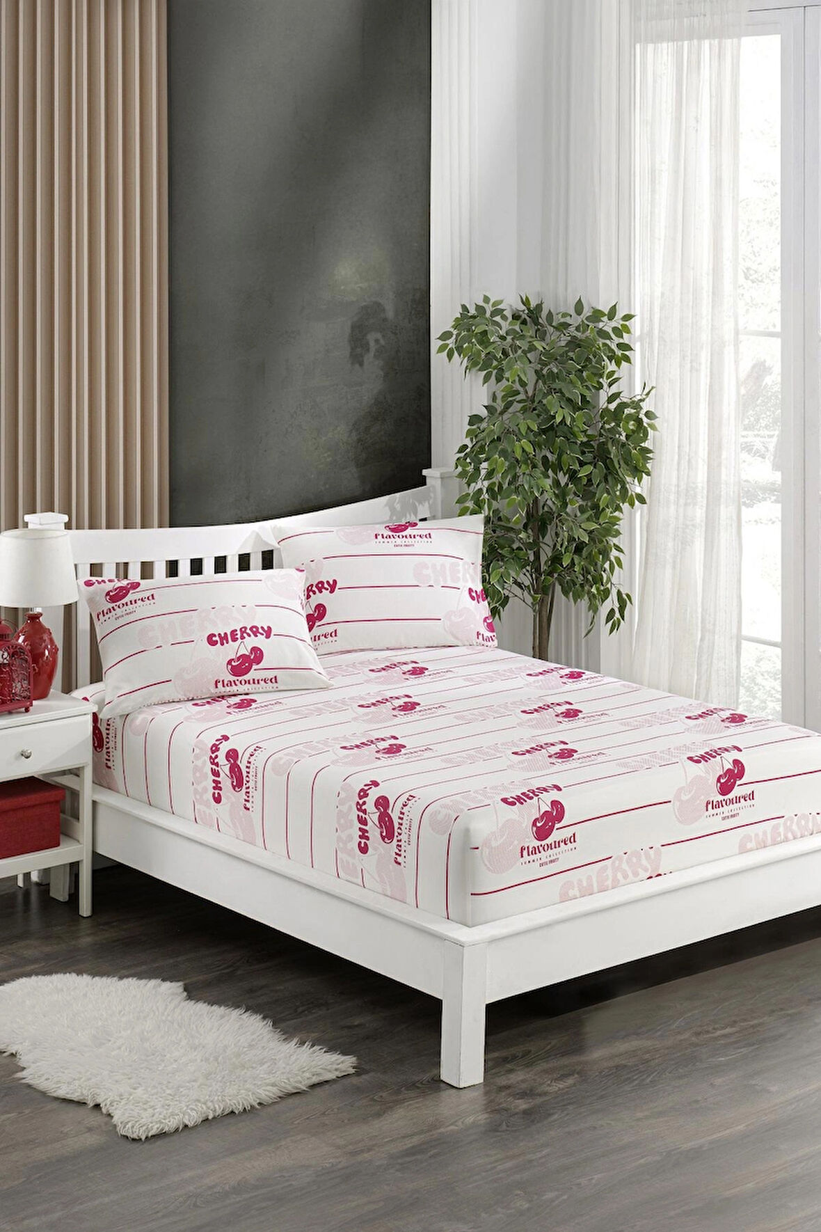 Cherry Baskılı Kumaş Lastikli Fıtted Yastıklı Çarşaf Seti