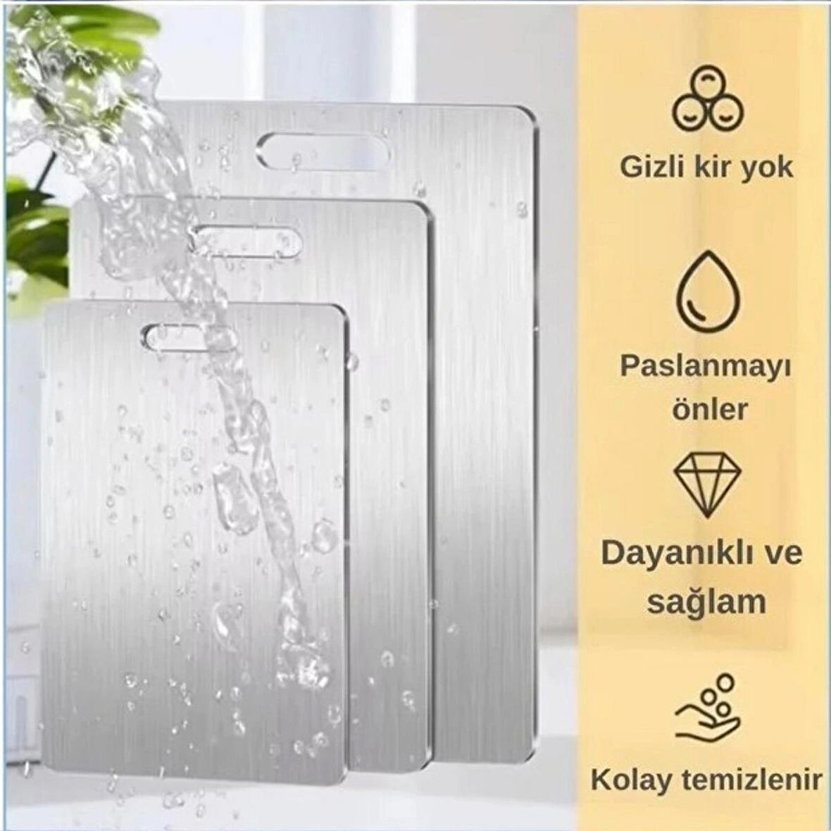 3'lü Paslanmaz Çelik Kesme Tahtası Seti (34X23 - 30X20 - 25X15 Cm) | Kaymaz Silikon Ayaklı, Dayanıklı ve Hijyenik