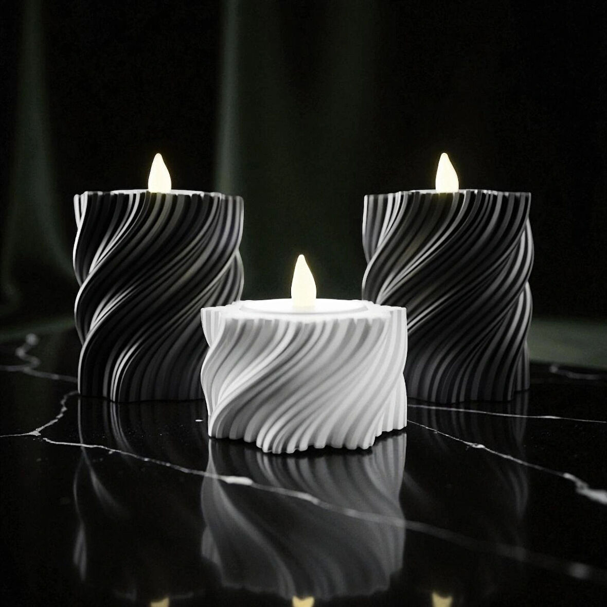3’lü Spiral Tasarım Plastik Mumluk Seti – Siyah ve Beyaz – Tealight Uyumlu Dekoratif Masa Üstü Mumluk
