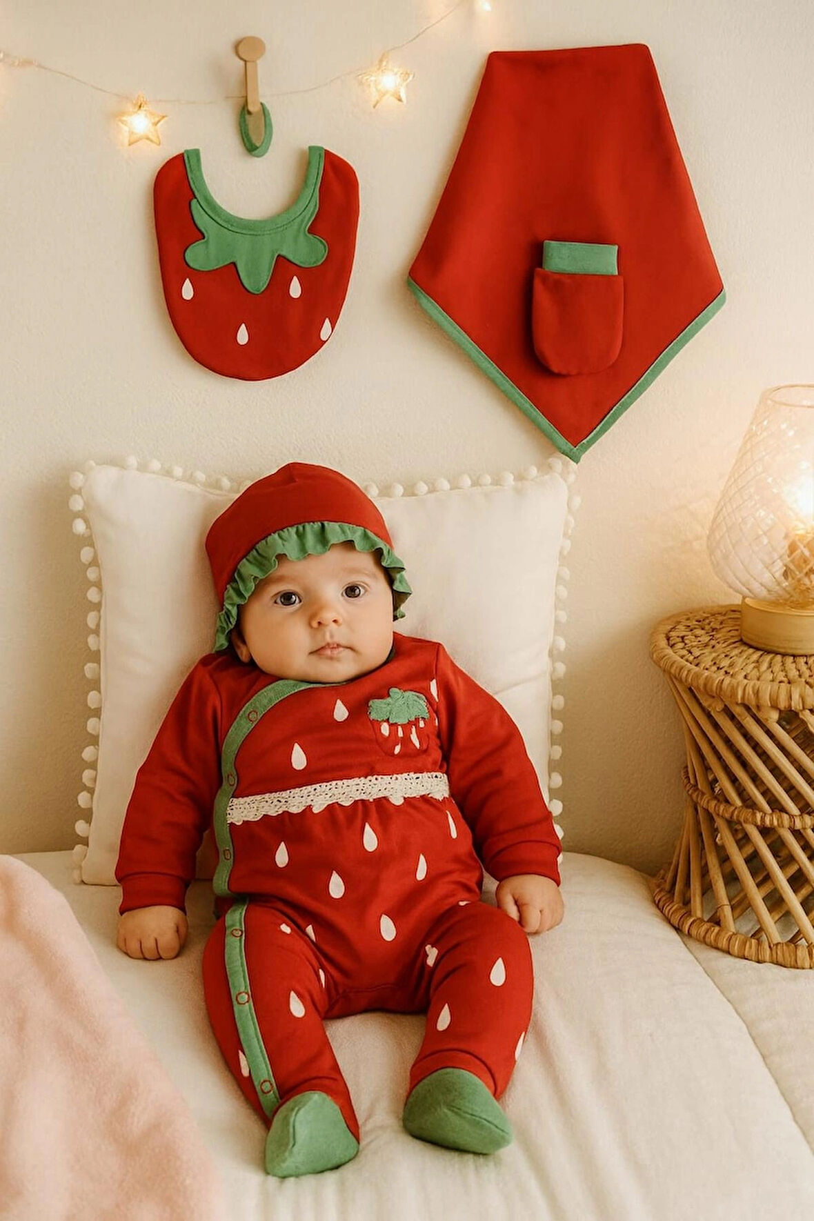 KIZ BEBEK 0-3 AY ÇİLEKLİ NAKIŞLI TULUM 5 Lİ SET