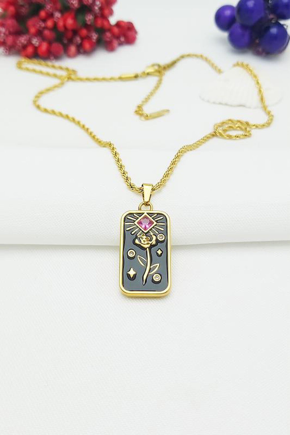 Altın Kaplama Burgu Zincir Kararmaz Pembe Taşlı Gül Çelik Kolye 45 cm