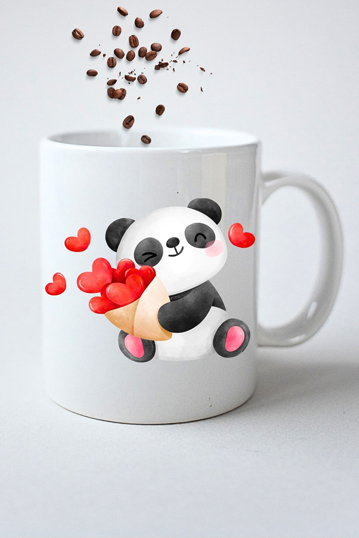 Kalpli Sevimli Panda Baskılı Hediye Kupa Bardak Porselen Çay Kahve Fincanı