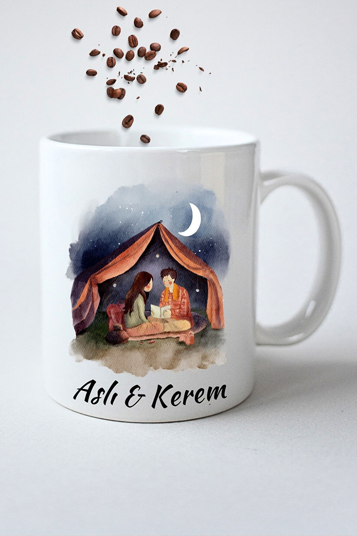 İsimli Kişiye Özel Kamp Gecesi Aşk Baskılı Hediye Kupa Bardak Porselen Çay Kahve Fincanı