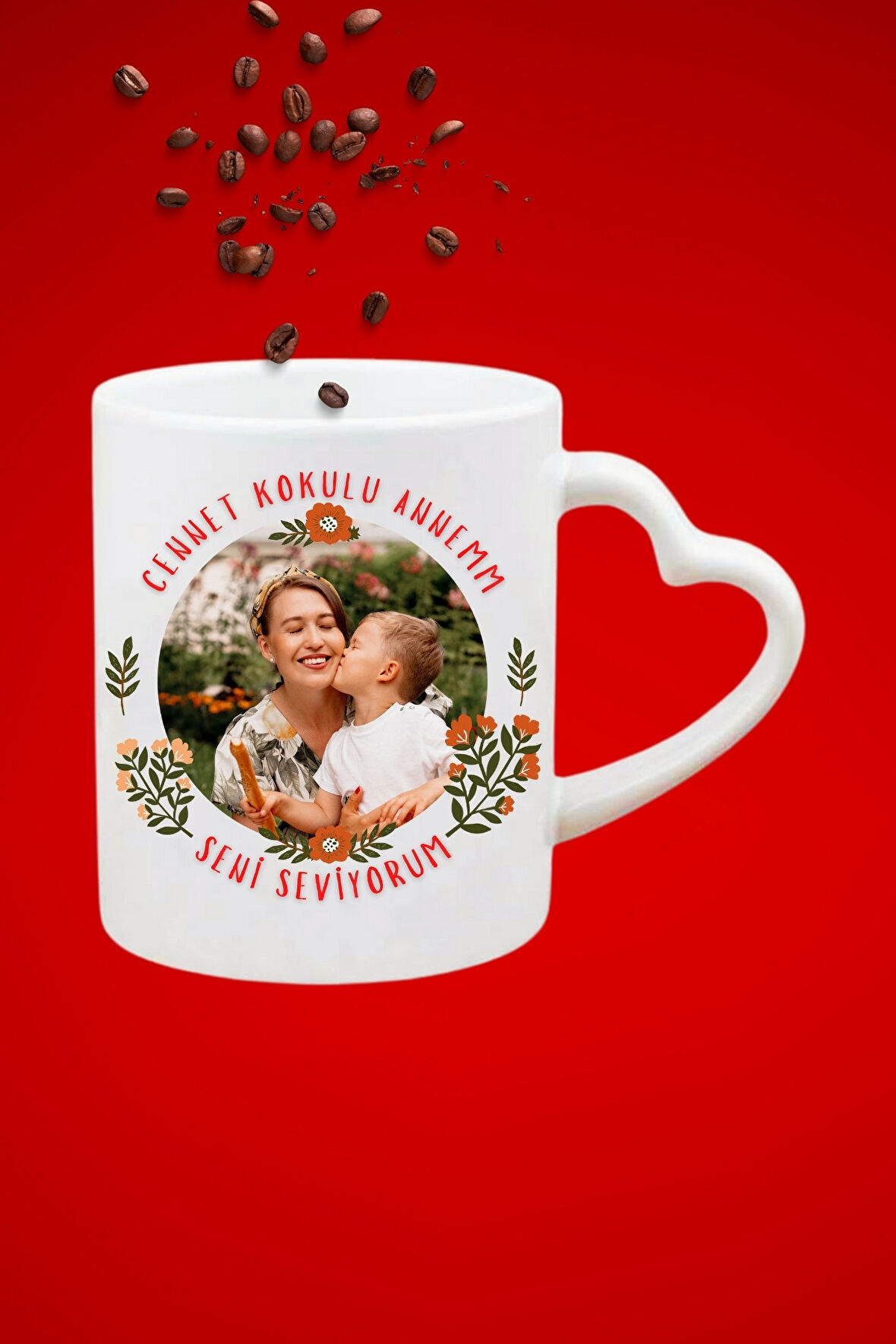 Anneye Hediye Kişiye Özel Baskılı Hediye Kalp Kupa Bardak Porselen Çay Kahve Fincanı
