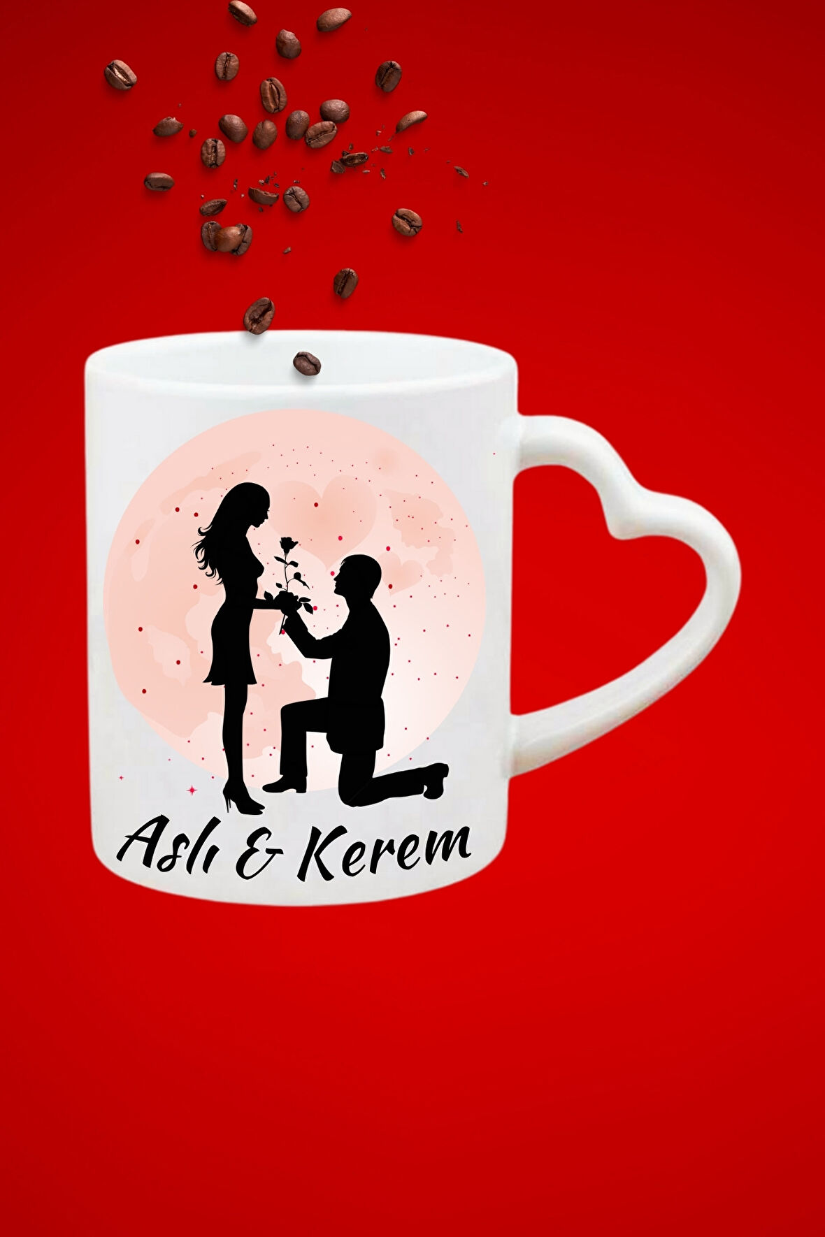 İsimli Kişiye Özel Moonlıght Teklif Baskılı Hediye Kalp Kupa Bardak Porselen Çay Kahve Fincanı
