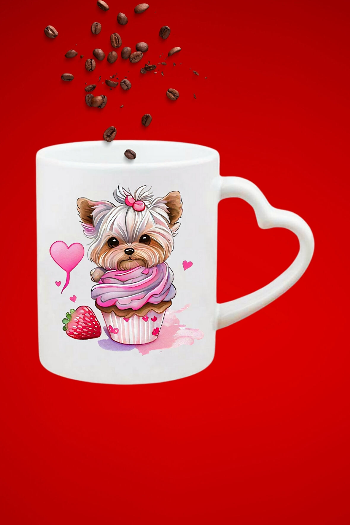 Sevimli Köpek Terrier Baskılı Hediye Kalp Kupa Bardak Porselen Çay Kahve Fincanı
