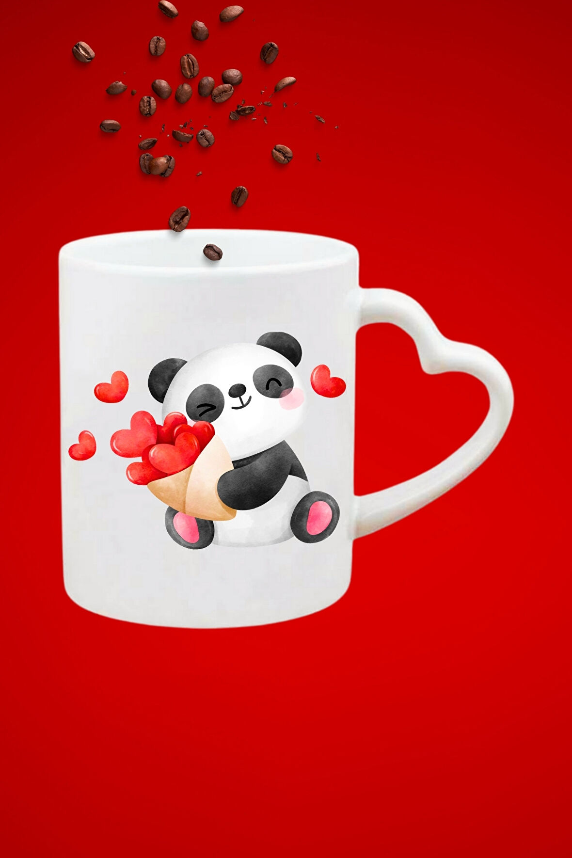 Kalpli Sevimli Panda Baskılı Hediye Kalp Kupa Bardak Porselen Çay Kahve Fincanı