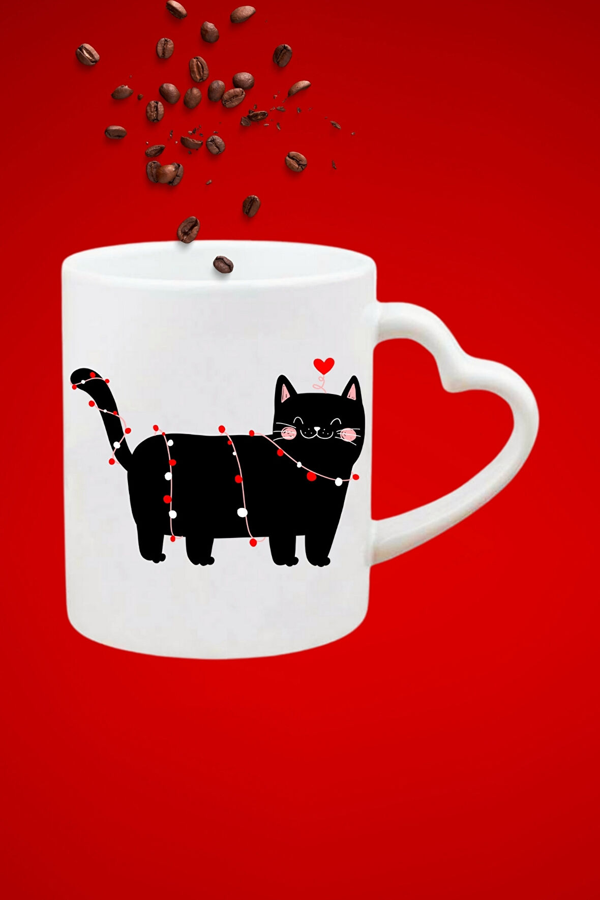 Cute Cat Kedi Baskılı Hediye Kalp Kupa Bardak Porselen Çay Kahve Fincanı