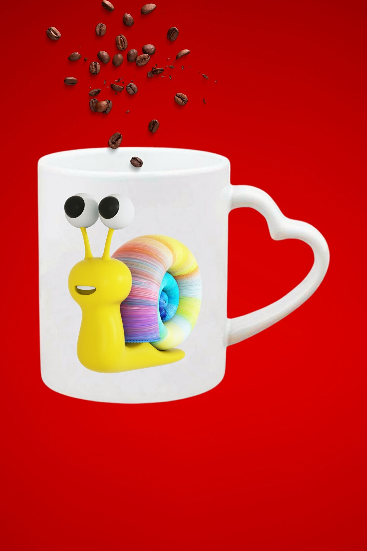 3d Gökkuşağı Salyangoz Baskılı Hediye Kalp Kupa Bardak Porselen Çay Kahve Fincanı