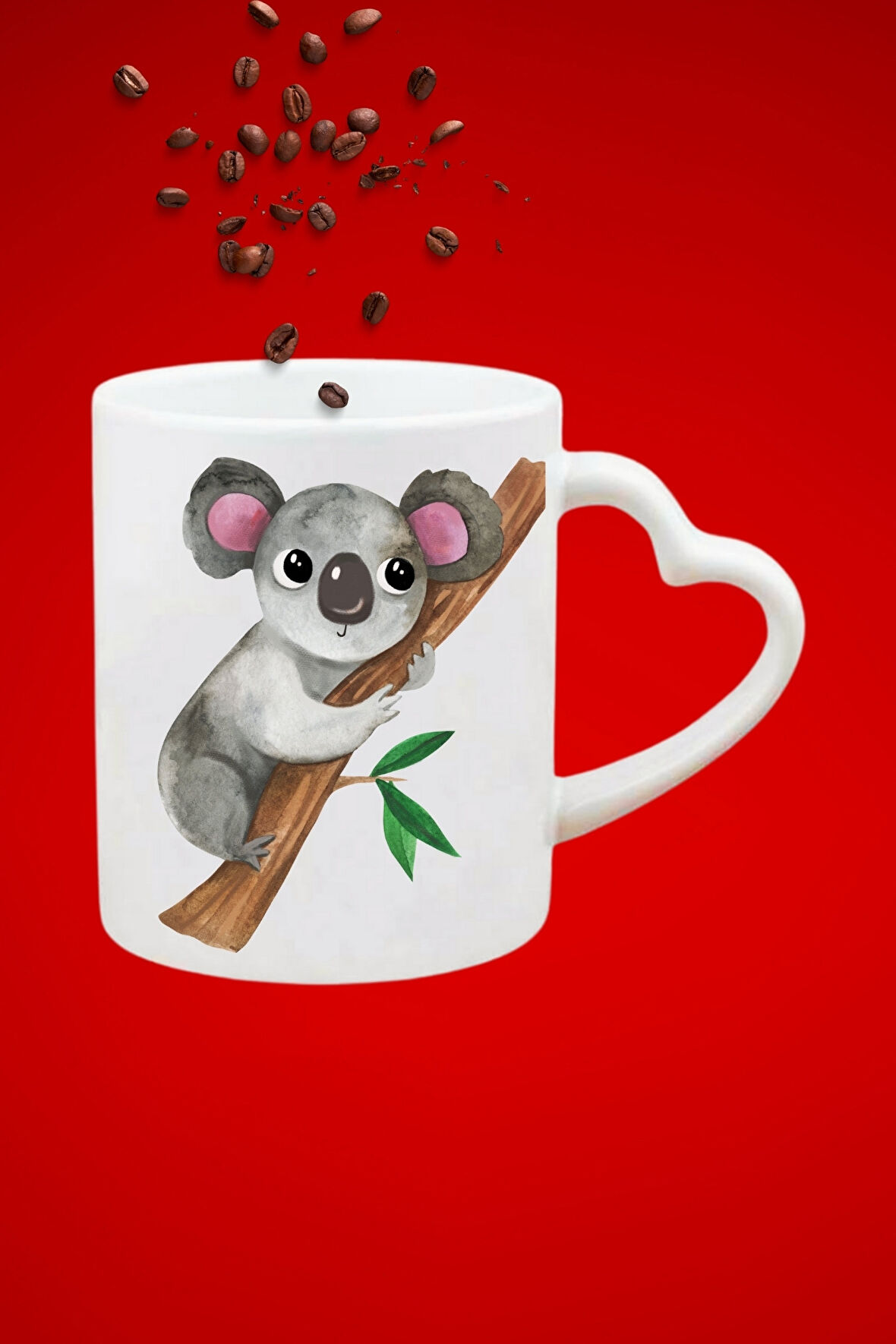 Cute Koala Baskılı Hediye Kalp Kupa Bardak Porselen Çay Kahve Fincanı
