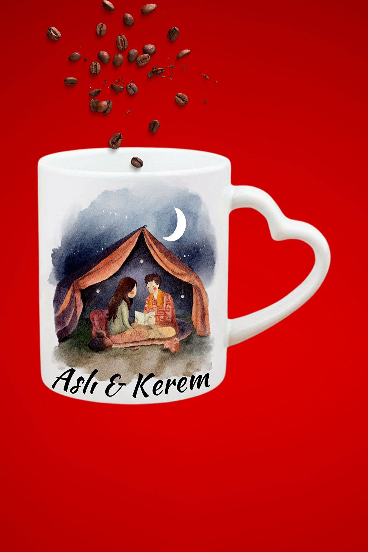 İsimli Kişiye Özel Kamp Gecesi Aşk Baskılı Hediye Kalp Kupa Bardak Porselen Çay Kahve Fincanı