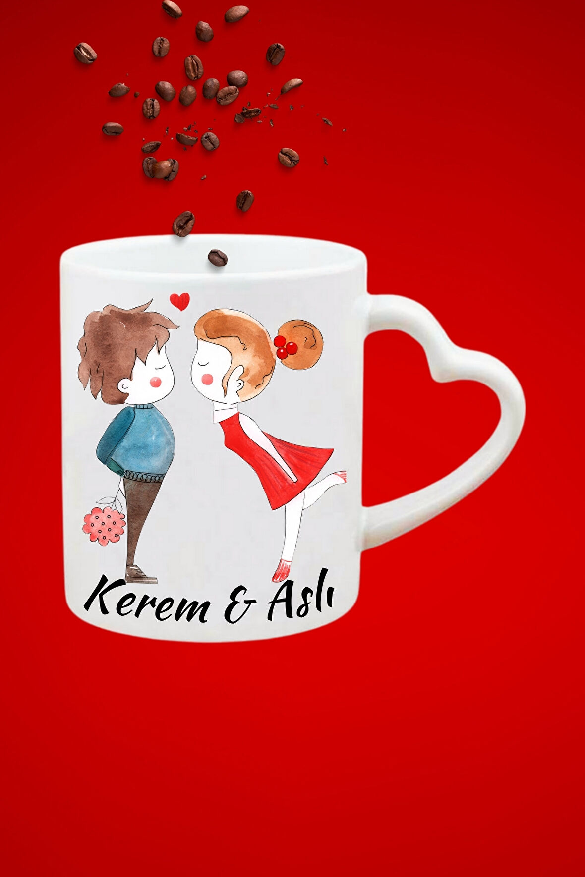 İsimli Kişiye Özel Sevgili Çift  Baskılı Hediye Kalp Kupa Bardak Porselen Çay Kahve Fincanı