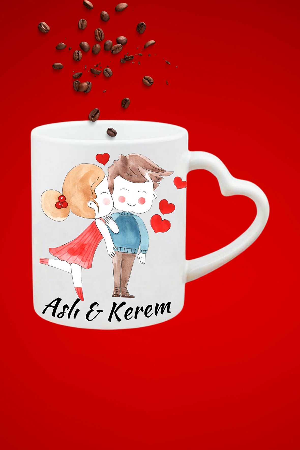 İsimli Kişiye Özel Sevgili Çift Aşk  Baskılı Hediye Kalp Kupa Bardak Porselen Çay Kahve Fincanı