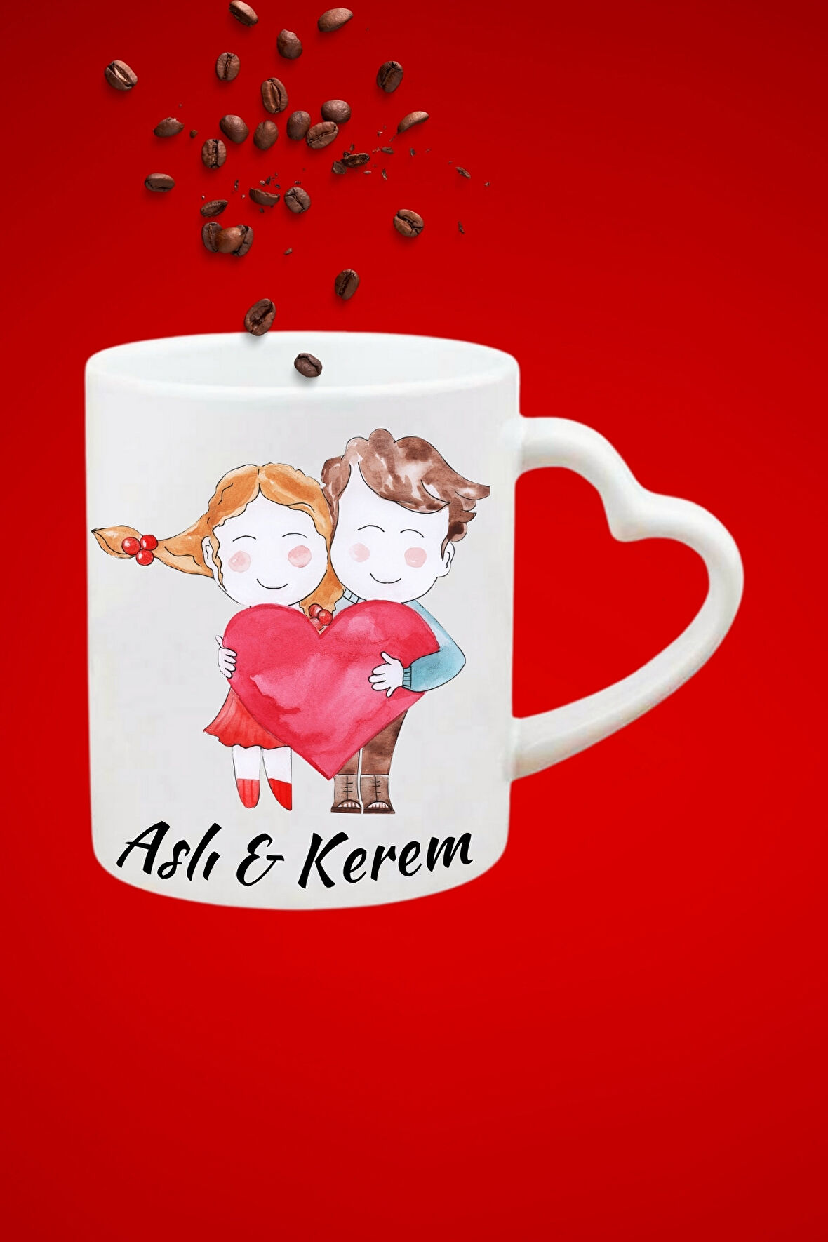 İsimli Kişiye Özel Sevgili Çift Kalp  Baskılı Hediye Kalp Kupa Bardak Porselen Çay Kahve Fincanı