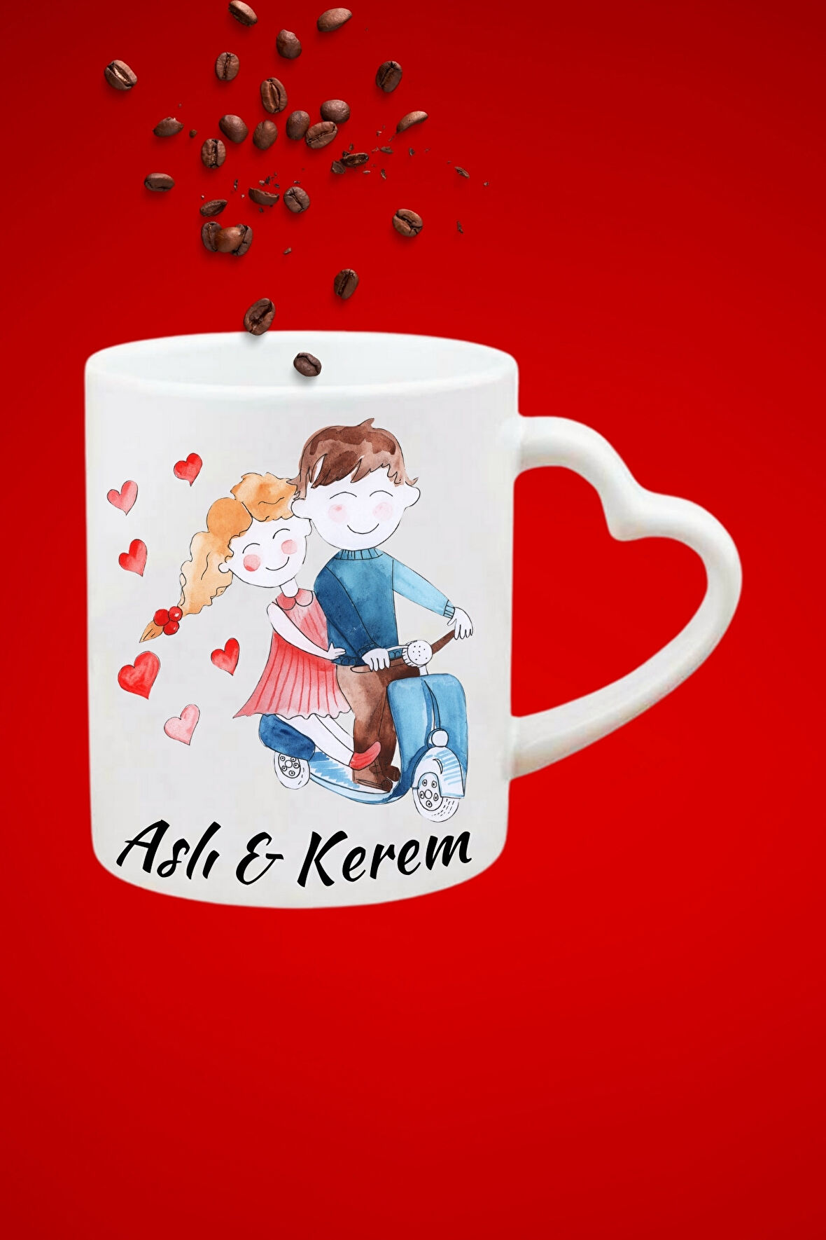 İsimli Kişiye Özel Sevgili Çift Motoda  Baskılı Hediye Kalp Kupa Bardak Porselen Çay Kahve Fincanı