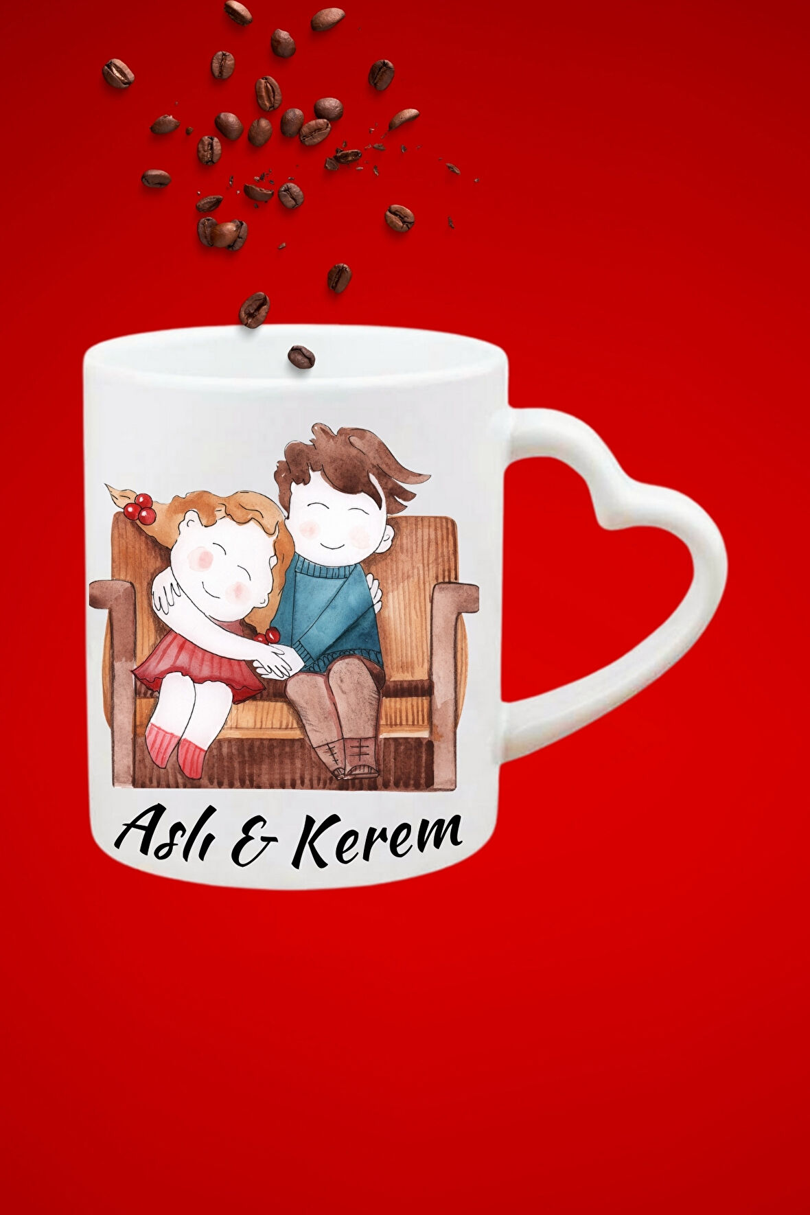 İsimli Kişiye Özel Sevgili Çift Romantik  Baskılı Hediye Kalp Kupa Bardak Porselen Çay Kahve Fincanı