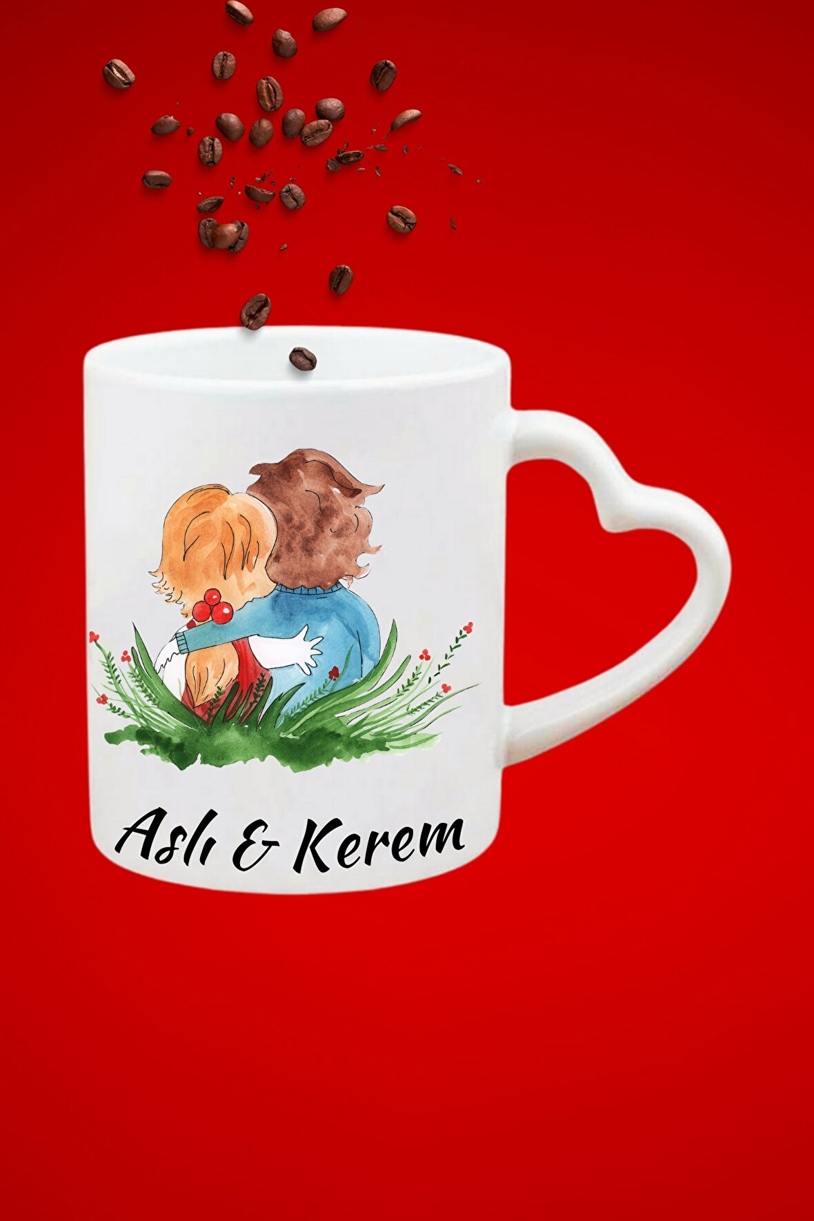 İsimli Kişiye Özel Romantik Sevgili Çift  Baskılı Hediye Kalp Kupa Bardak Porselen Çay Kahve Fincanı