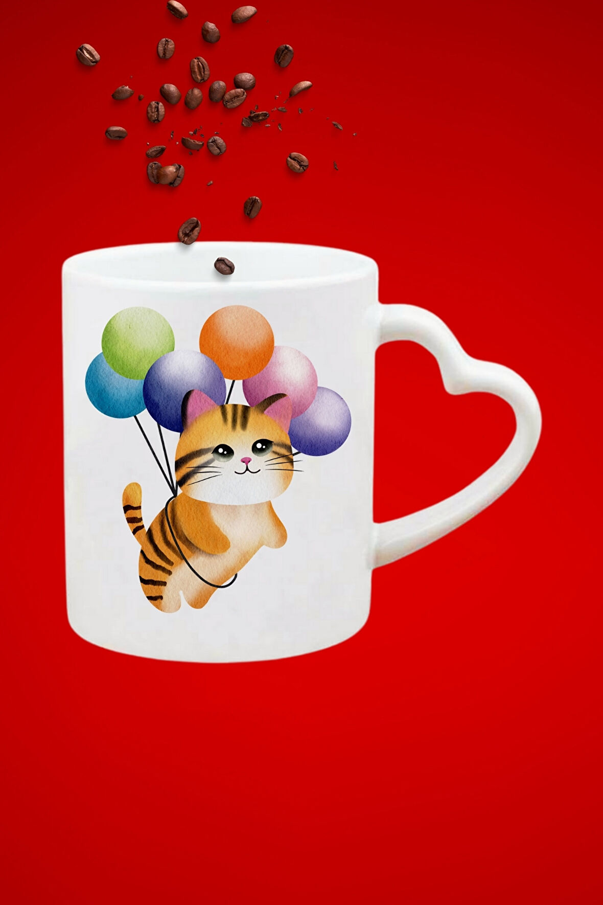 Uçan Balonlu Sevimli Kedi Baskılı Hediye Kalp Kupa Bardak Porselen Çay Kahve Fincanı