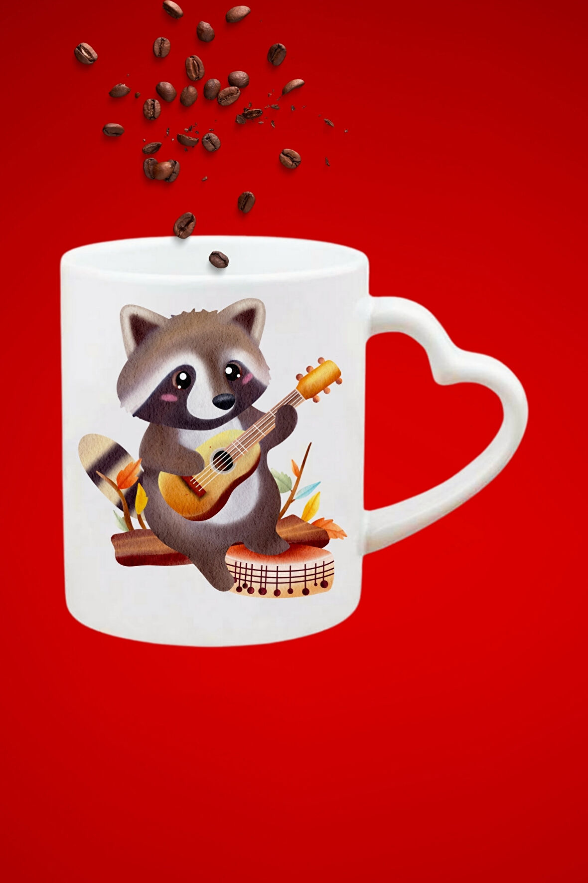 Gitar Çalan Rakun Cute Raccon Baskılı Hediye Kalp Kupa Bardak Porselen Çay Kahve Fincanı