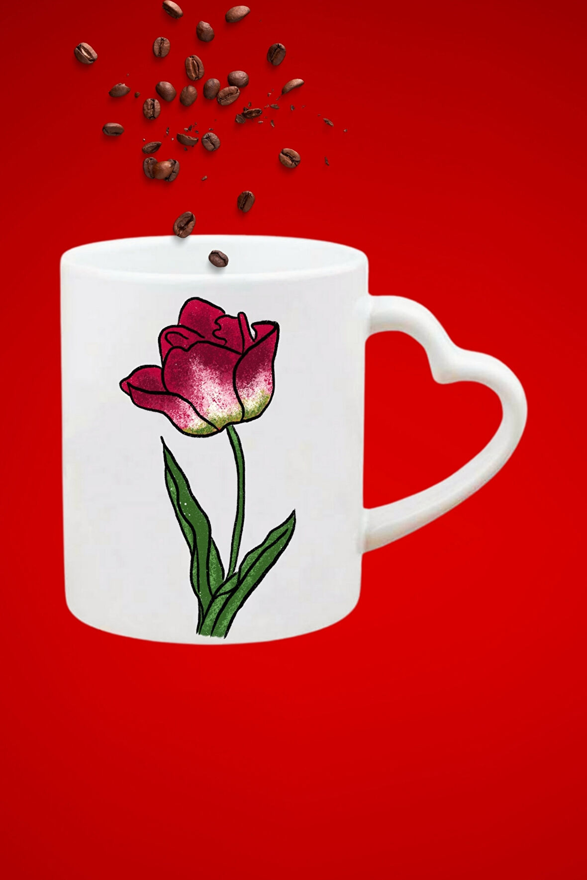 Kırmızı Lale Baskılı Hediye Kalp Kupa Bardak Porselen Çay Kahve Fincanı