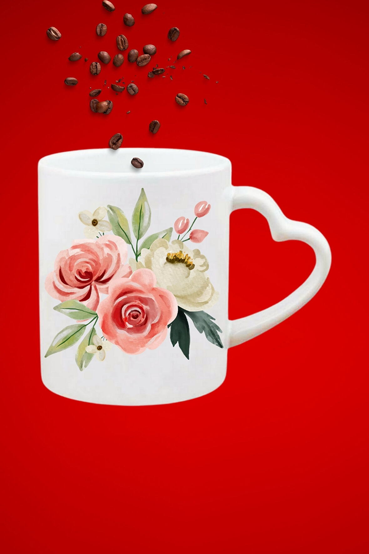 Çiçek Buketi Baskılı Hediye Kalp Kupa Bardak Porselen Çay Kahve Fincanı
