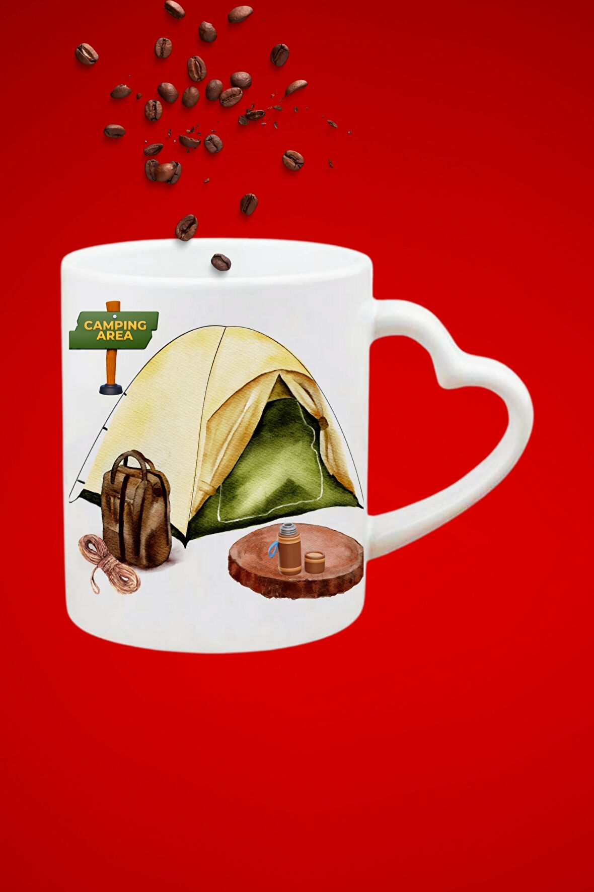 Camping Kapm Çadır Baskılı Hediye Kalp Kupa Bardak Porselen Çay Kahve Fincanı