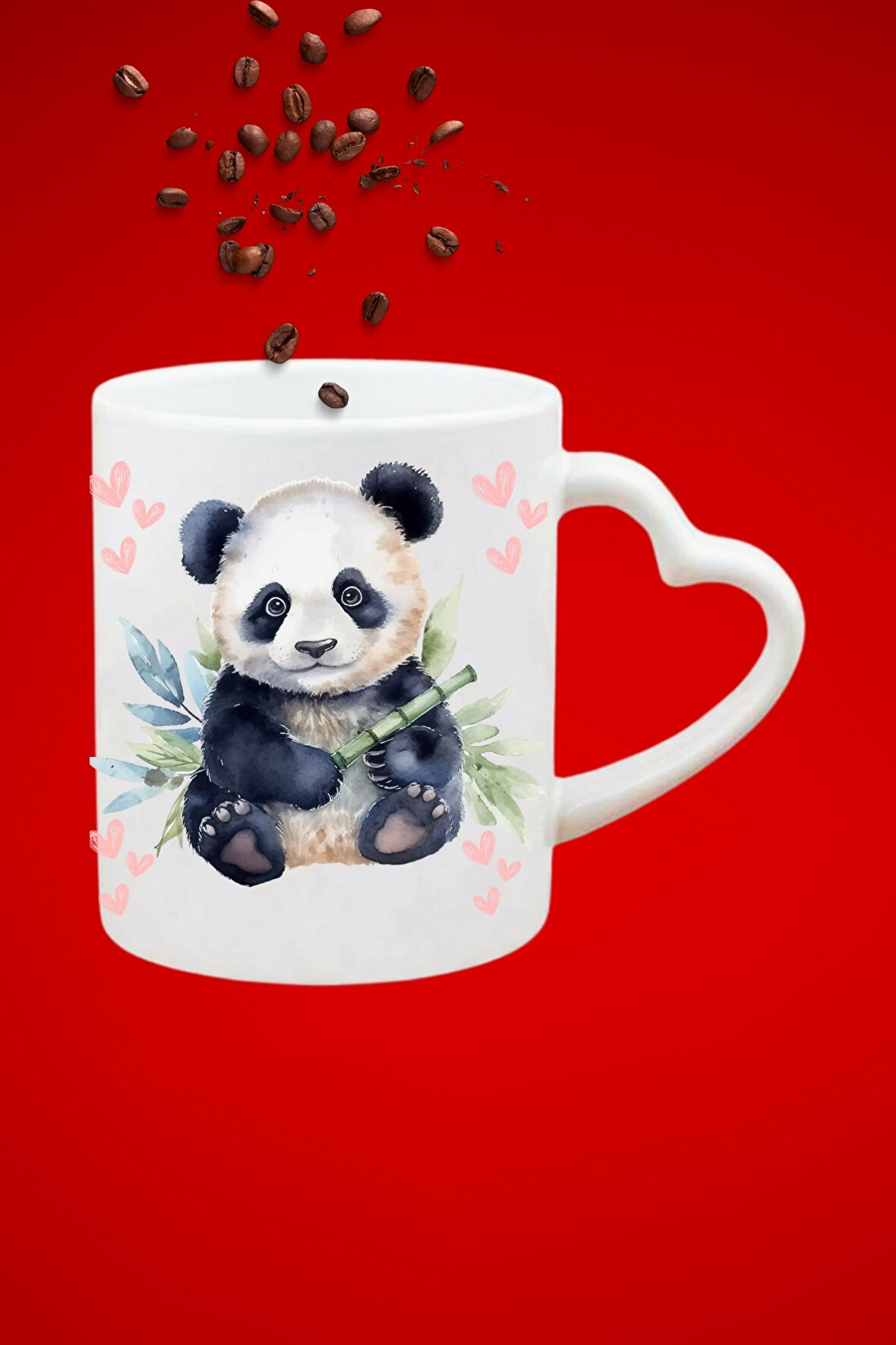 Sevimli Panda Cute Panda Baskılı Hediye Kalp Kupa Bardak Porselen Çay Kahve Fincanı