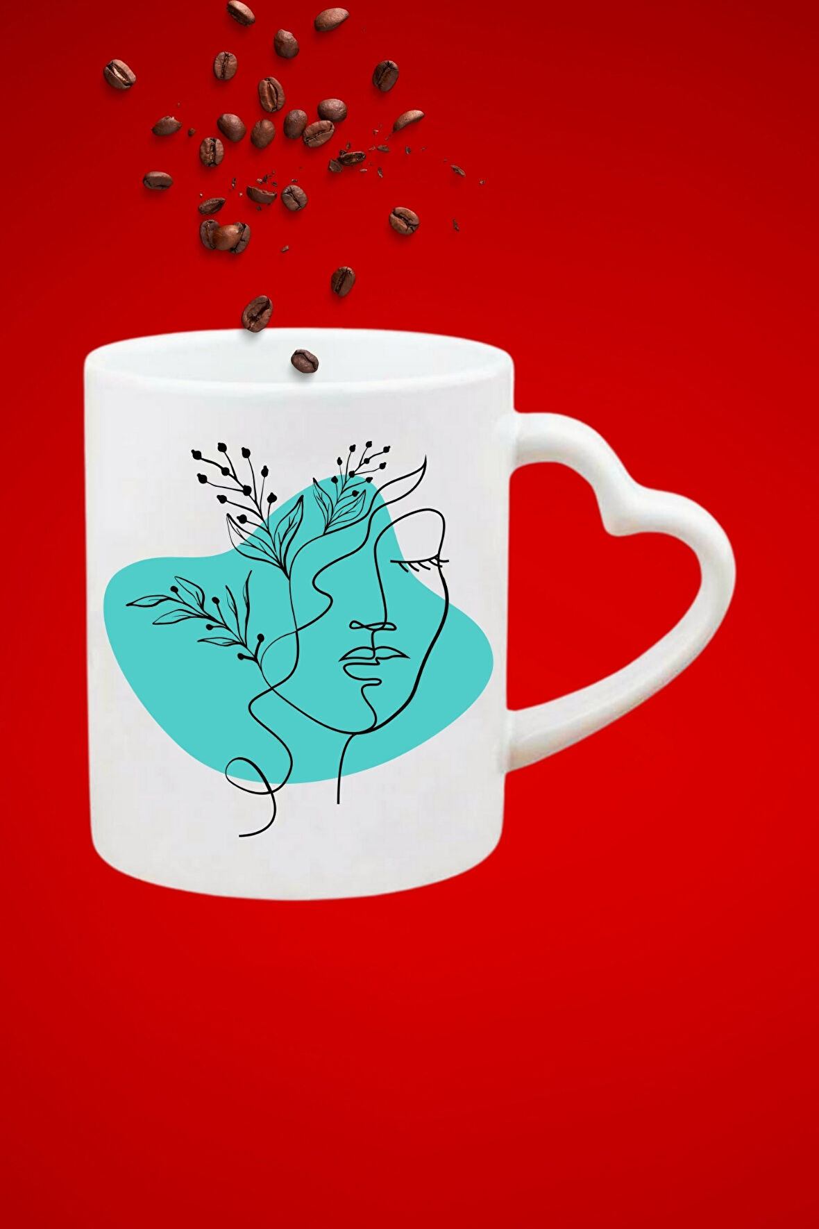 Modern Kadın Siluet Baskılı Hediye Kalp Kupa Bardak Porselen Çay Kahve Fincanı