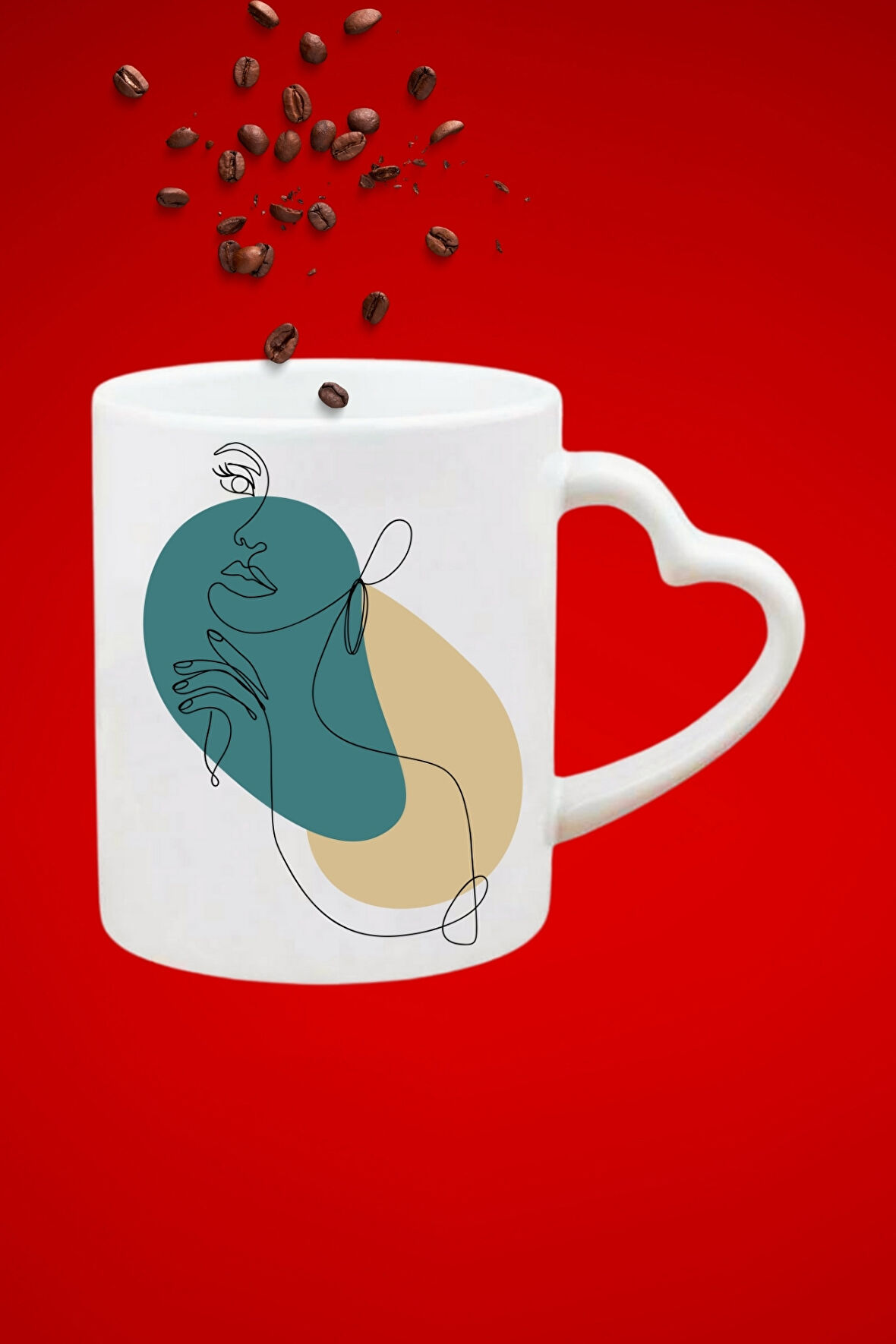 Modern Kadın Siluet 2 Baskılı Hediye Kalp Kupa Bardak Porselen Çay Kahve Fincanı