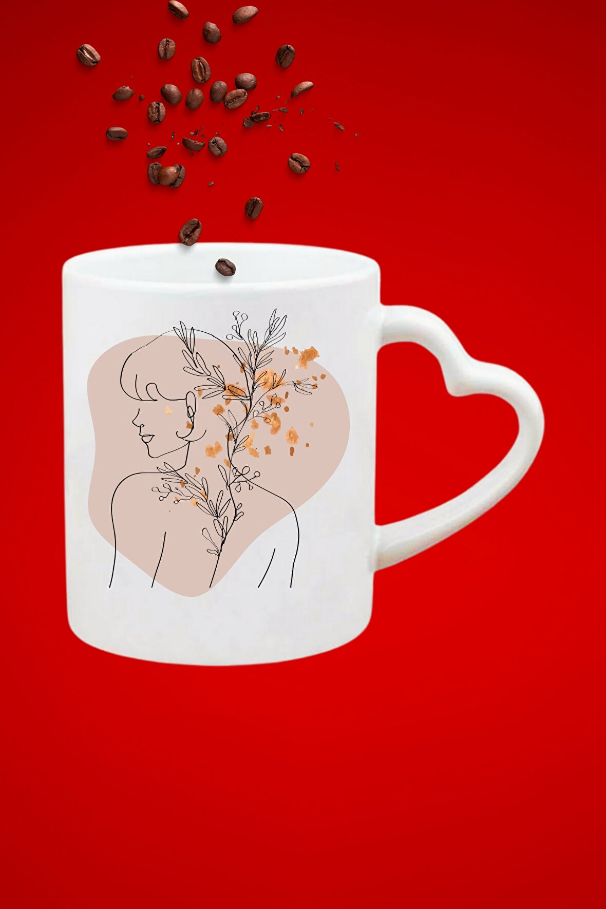 Modern Kadın Siluet 4 Baskılı Hediye Kalp Kupa Bardak Porselen Çay Kahve Fincanı