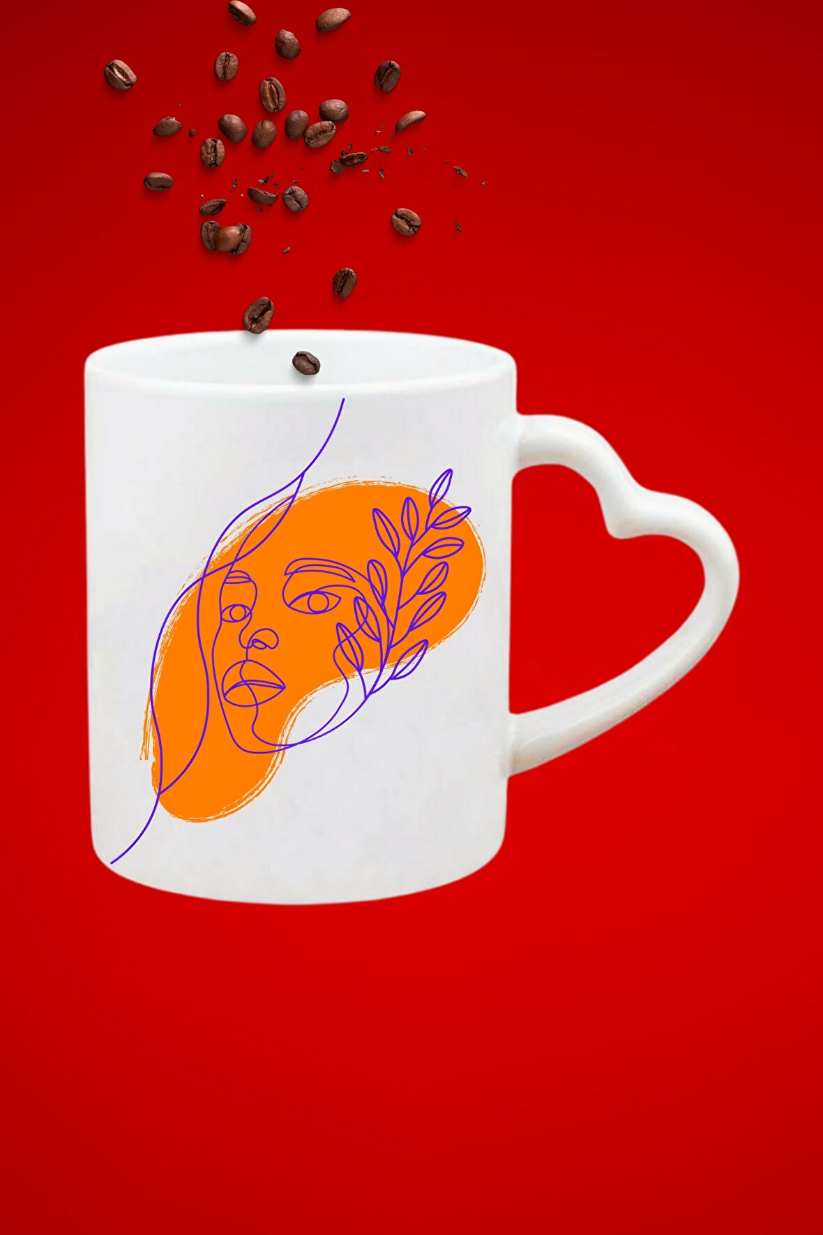 Modern Kadın Siluet 5 Baskılı Hediye Kalp Kupa Bardak Porselen Çay Kahve Fincanı