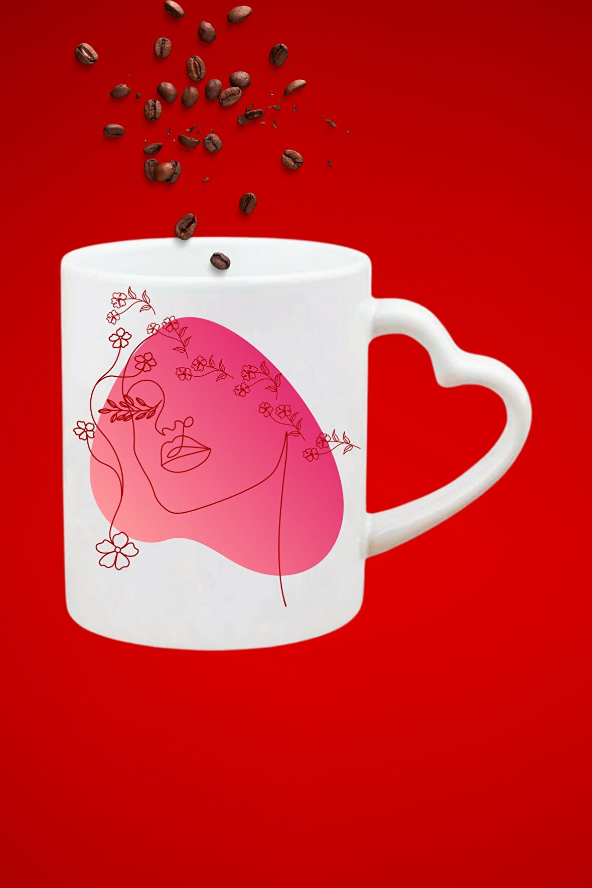 Modern Kadın Siluet 6 Baskılı Hediye Kalp Kupa Bardak Porselen Çay Kahve Fincanı
