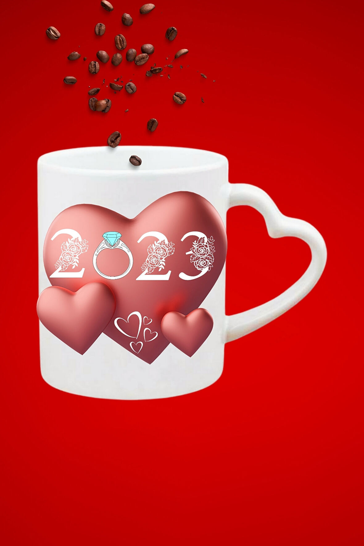 Yıl Dönümü 2023 Baskılı Sevgiliye Hediye Kalp Kupa Bardak Porselen Çay Kahve Fincanı