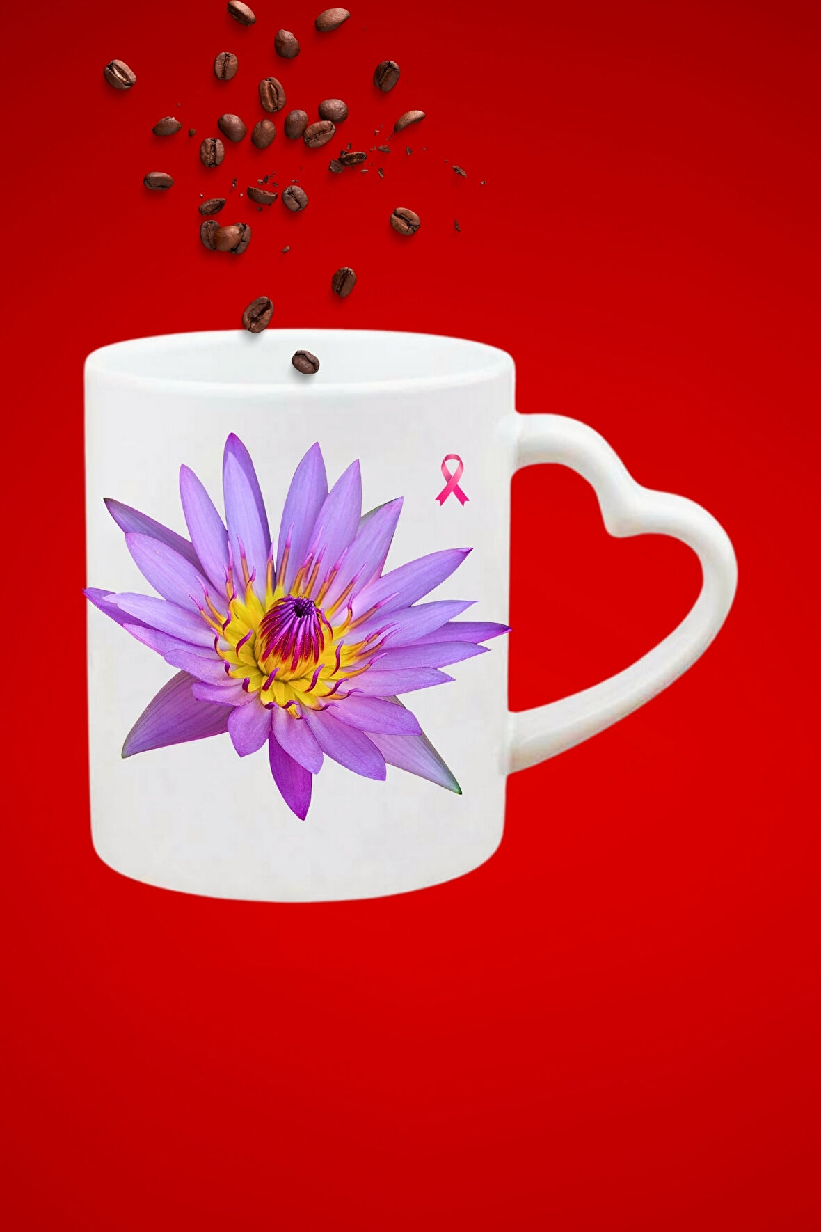 Lotus Çiçeği  Baskılı 8 Mart Hediye Kalp Kupa Bardak Porselen Çay Kahve Fincanı