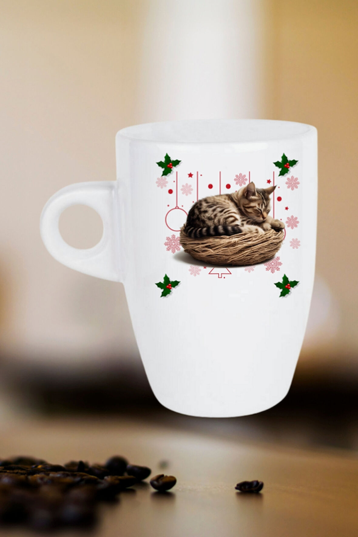 Yeni Yıl Uykucu Kedi Baskılı Kupa Bardak Porselen Latte Filtre Kahve Fincanı
