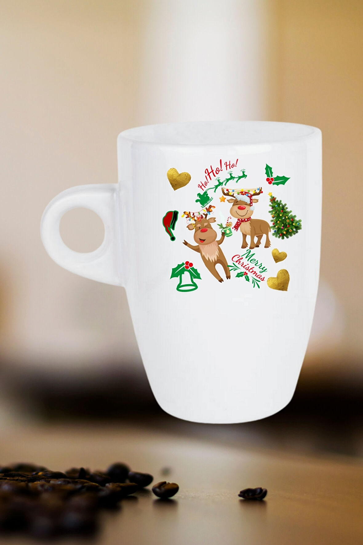 Yılbaşı Geyikli Kurabiye Baskılı Kupa Bardak Porselen Latte Filtre Kahve Fincanı