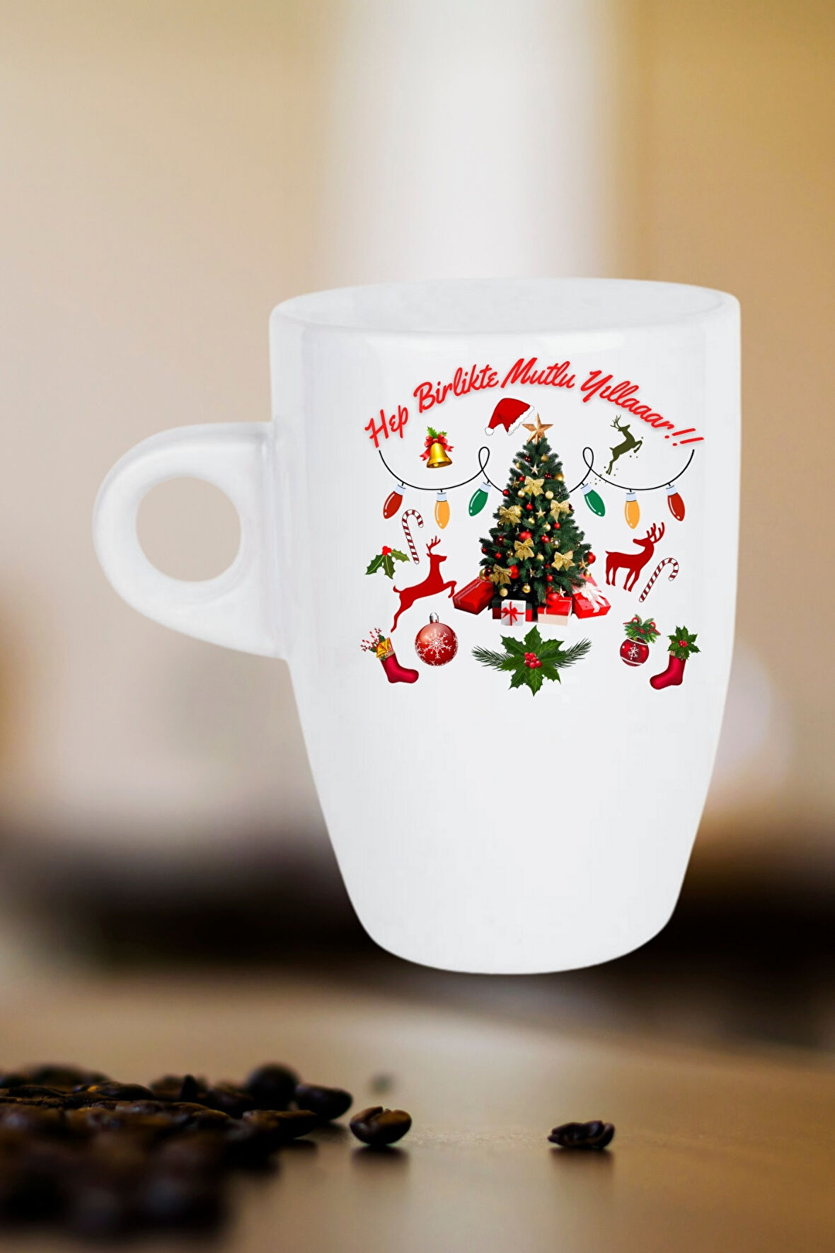 Yılbaşı Mutlu Yıllar Baskılı Kupa Bardak Porselen Latte Filtre Kahve Fincanı