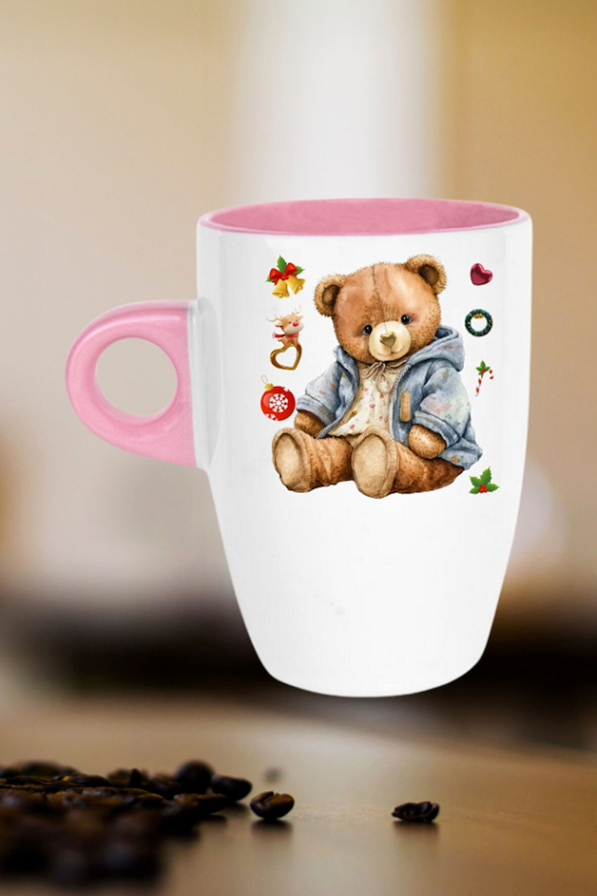 Yeni Yıl Oyuncak Ayı Teddy Bear Baskılı Kupa Bardak Porselen Latte Filtre Kahve Fincanı