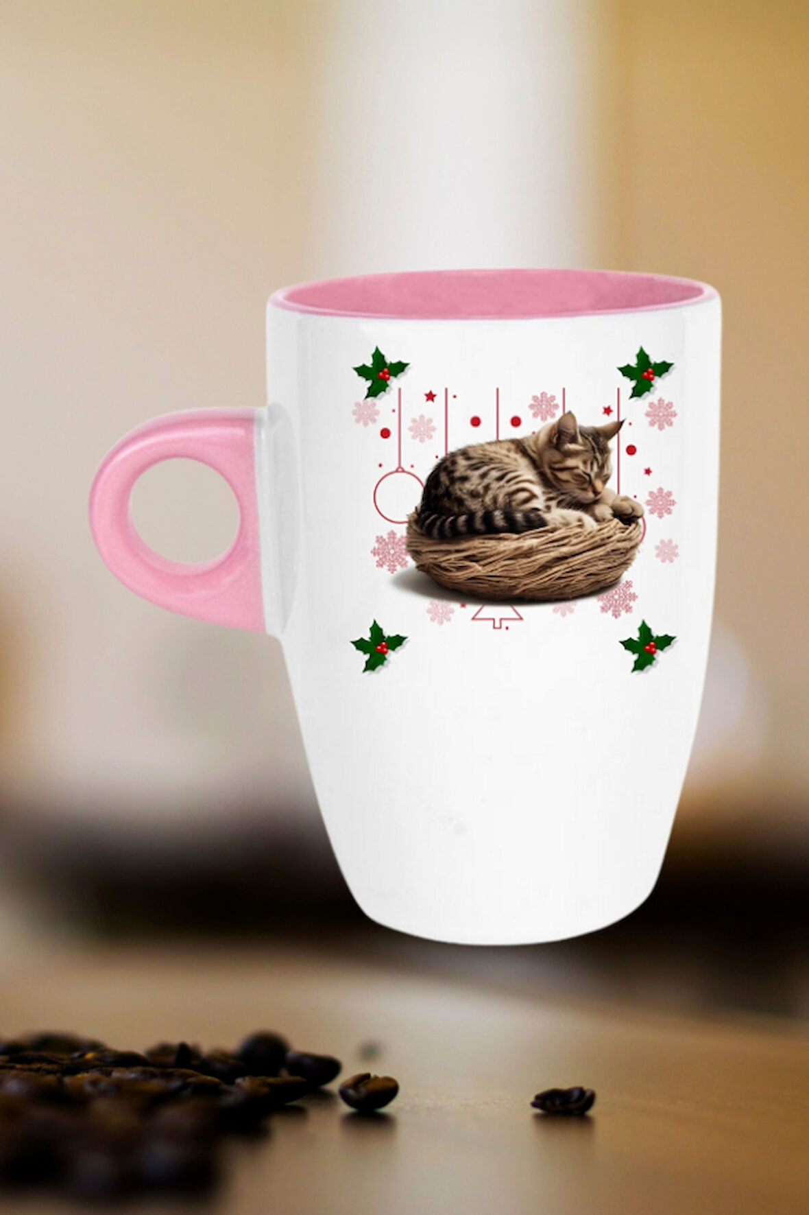 Yeni Yıl Uykucu Kedi Baskılı Kupa Bardak Porselen Latte Filtre Kahve Fincanı