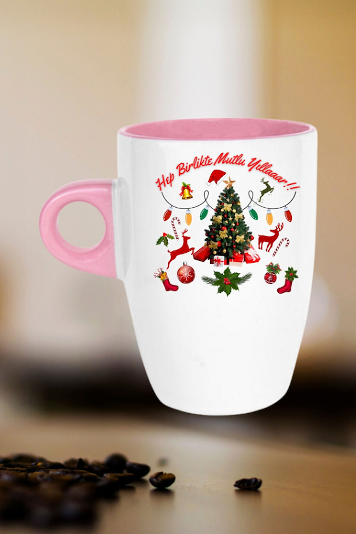 Yılbaşı Mutlu Yıllar Baskılı Kupa Bardak Porselen Latte Filtre Kahve Fincanı