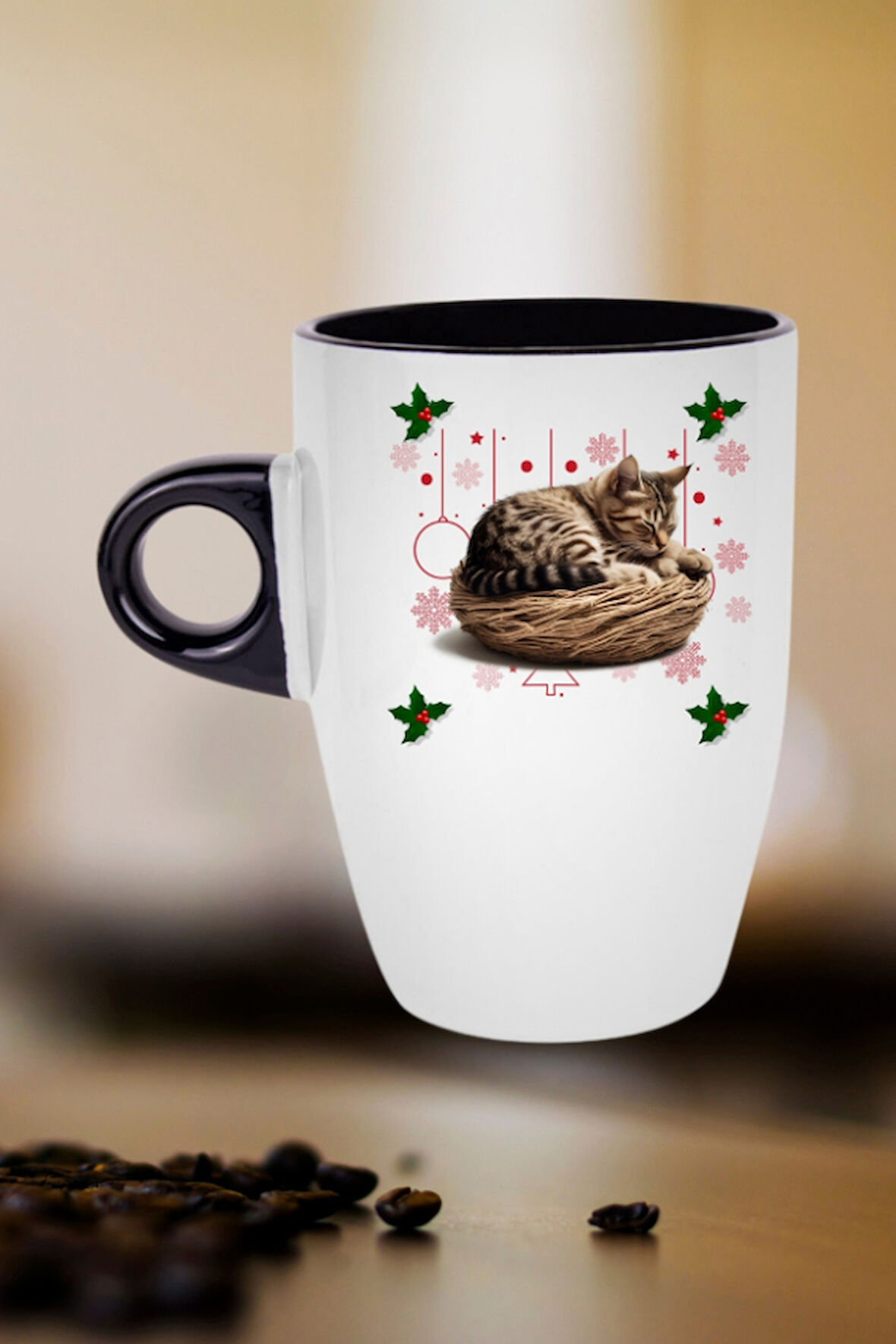 Yeni Yıl Uykucu Kedi Baskılı Kupa Bardak Porselen Latte Filtre Kahve Fincanı