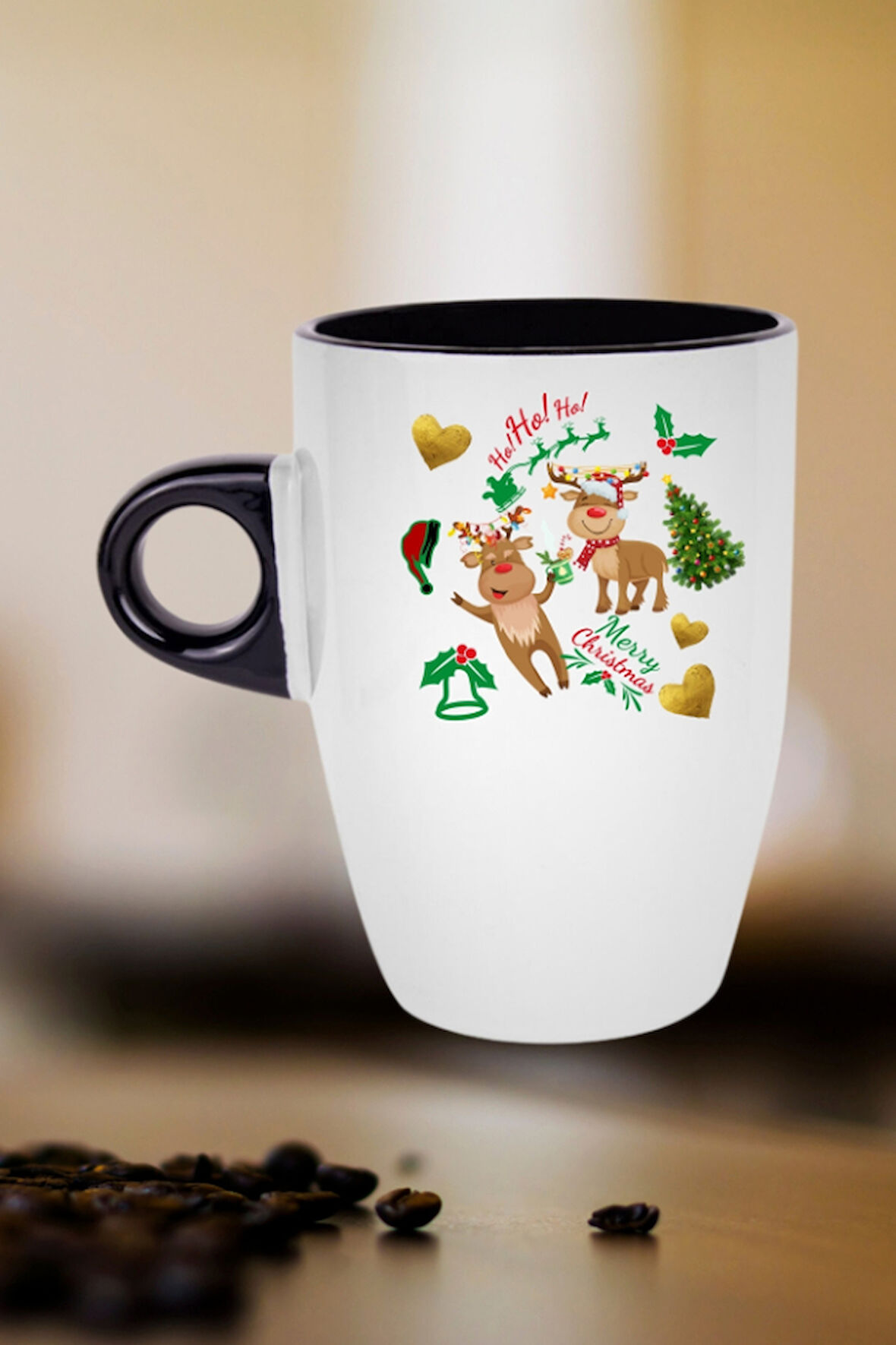 Yılbaşı Geyikli Kurabiye Baskılı Kupa Bardak Porselen Latte Filtre Kahve Fincanı