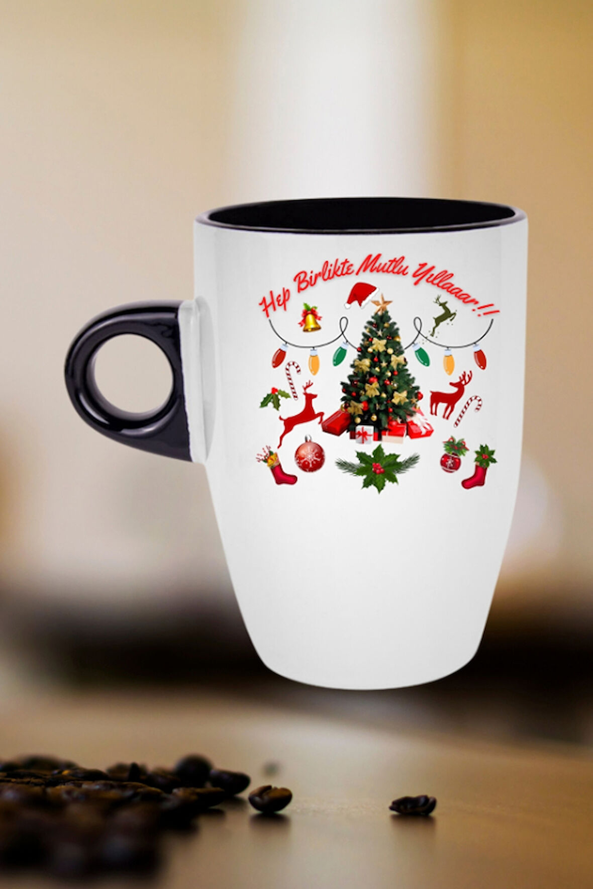 Yılbaşı Mutlu Yıllar Baskılı Kupa Bardak Porselen Latte Filtre Kahve Fincanı