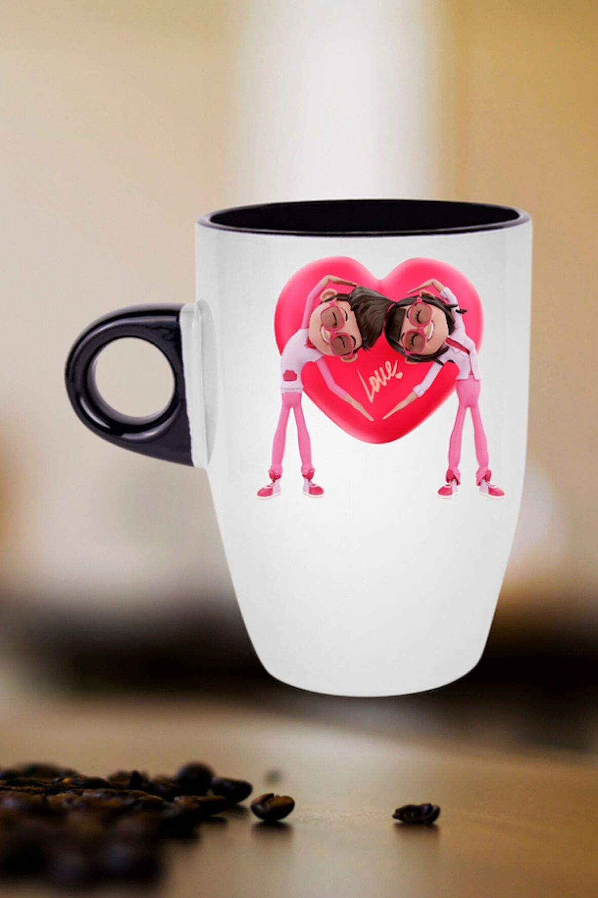 Mutlu Çiftler Love Kalp Baskılı Hediye Kupa Bardak Porselen Latte Filtre Kahve Fincanı