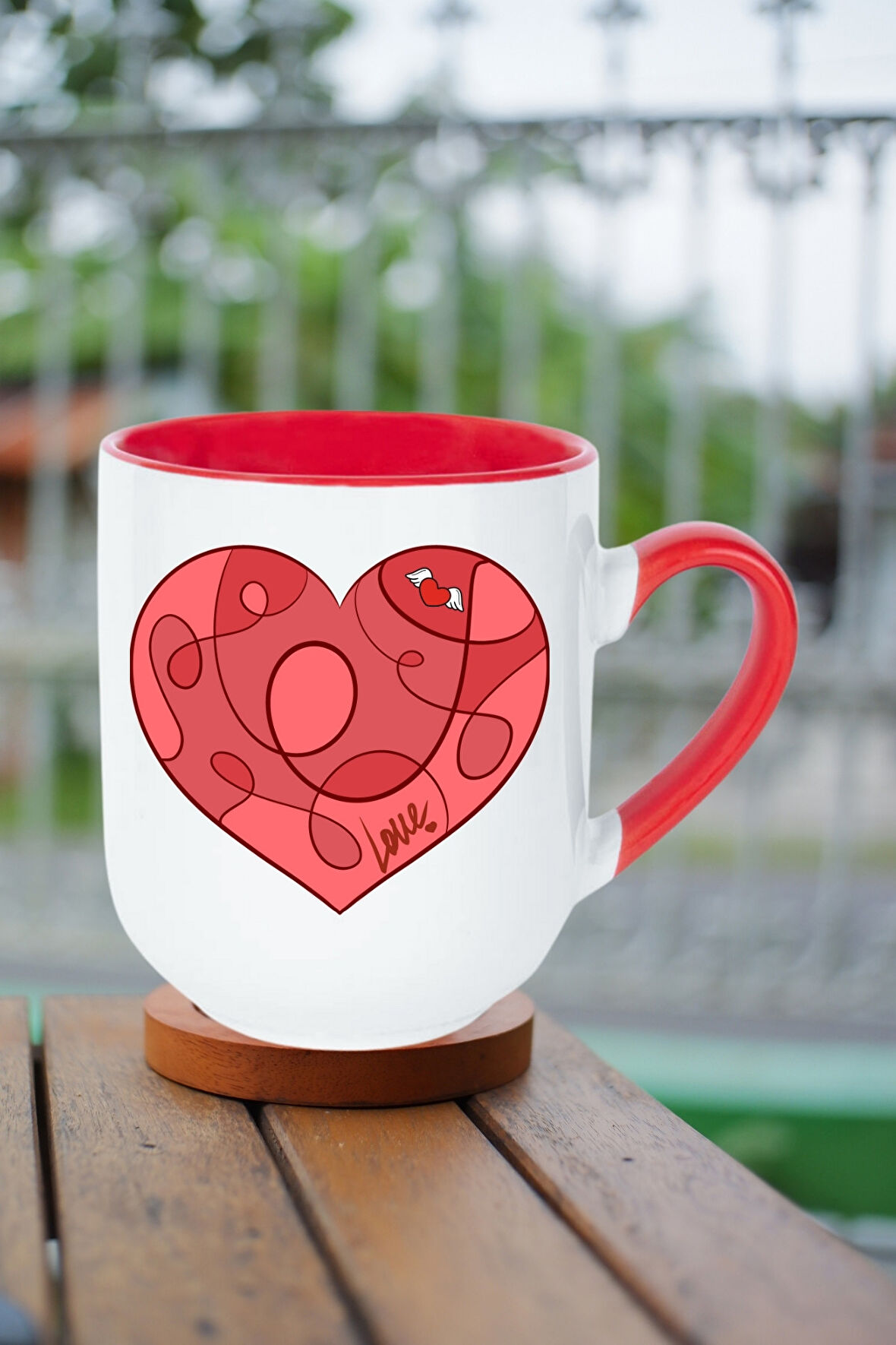 Love Kalp Baskılı İçi Kırmızı Lüx Kupa Bardak Porselen Çay Kahve Fincanı