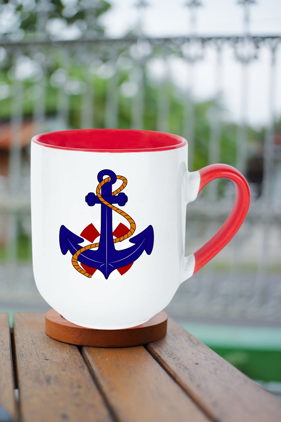 Denizci Çıpa Baskılı İçi Kırmızı Lüx Kupa Bardak Porselen Çay Kahve Fincanı-9