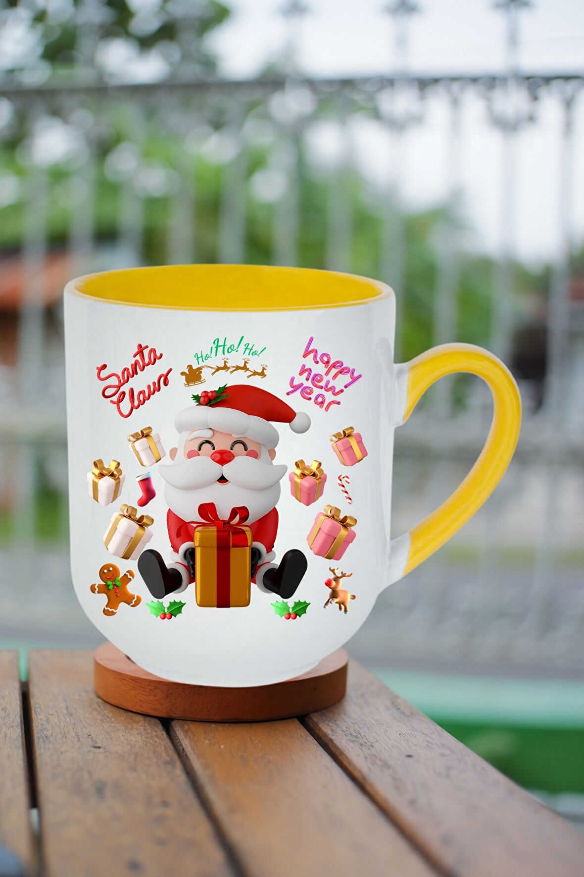 Noel Baba Happy Christmas Baskılı İçi Sarı Lüx Kupa Bardak Porselen Çay Kahve Fincanı
