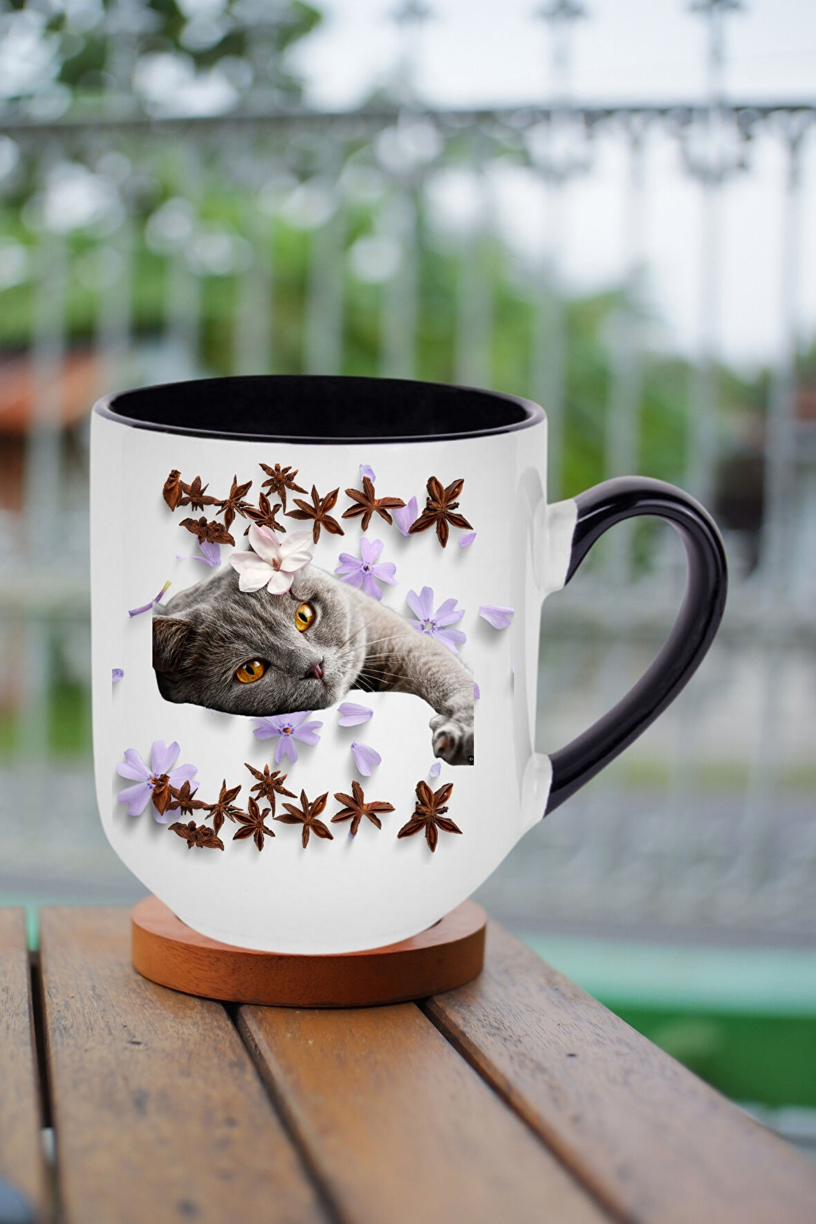 Sevimli Kedi Baskılı İçi Siyah Lüx Kupa Bardak Porselen Çay Kahve Fincanı